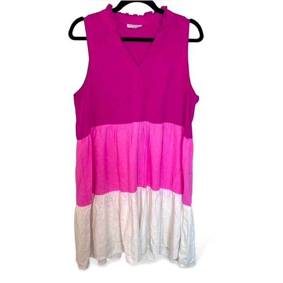 Colorblock Linen Blend Sleeveless Dress – Size 12 – Ruffle Neck - Picture 1 of 4